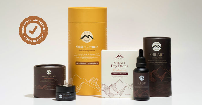 Different shilajit forms including resin, liquid, dry drops, and gummies for choosing the best form of shilajit to take