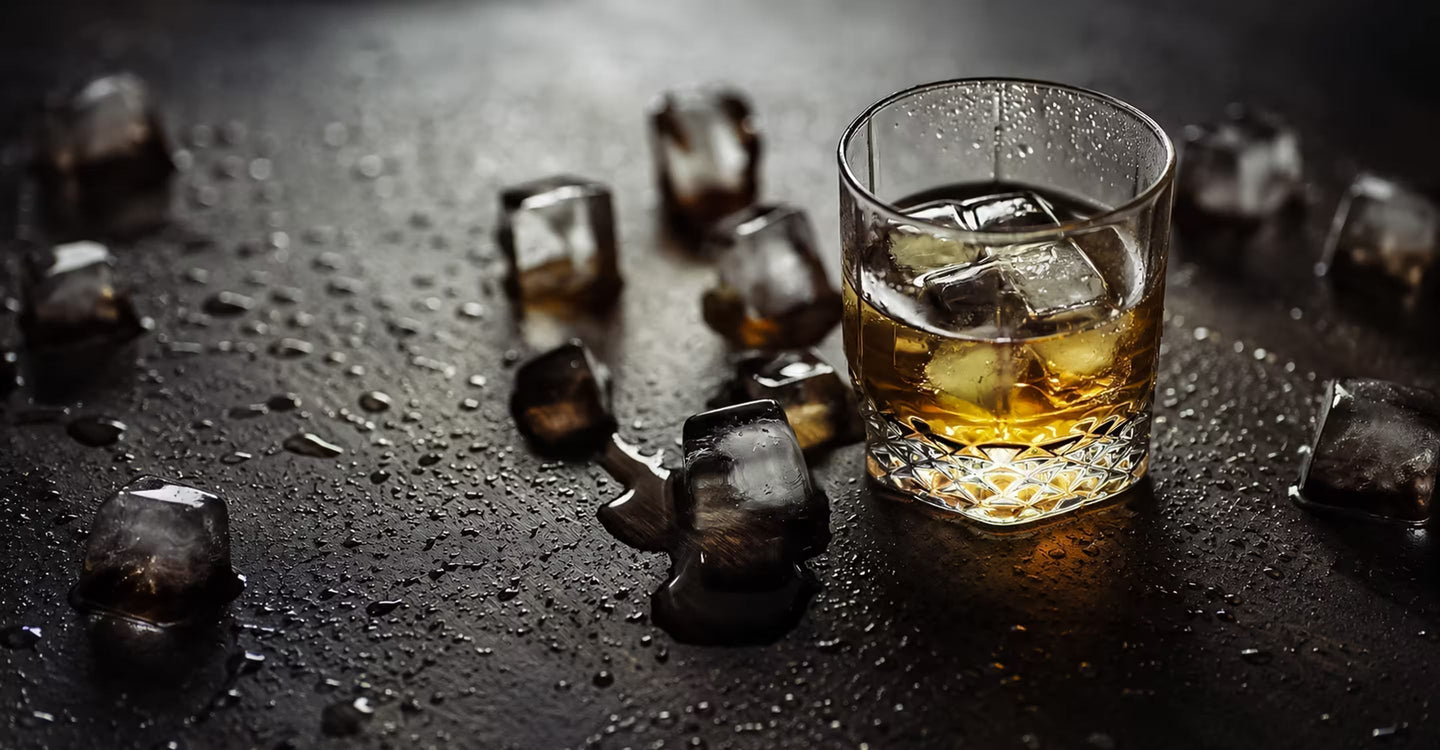 Glass of alcohol with ice on a dark wet surface representing alcohol use after taking shilajit