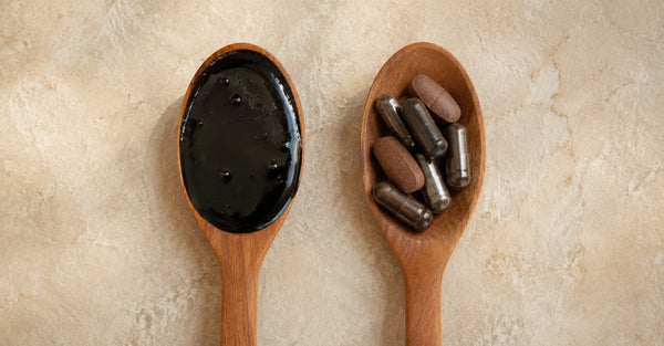Shilajit resin and iron capsules displayed in wooden spoons for a comparison of shilajit and iron supplements.