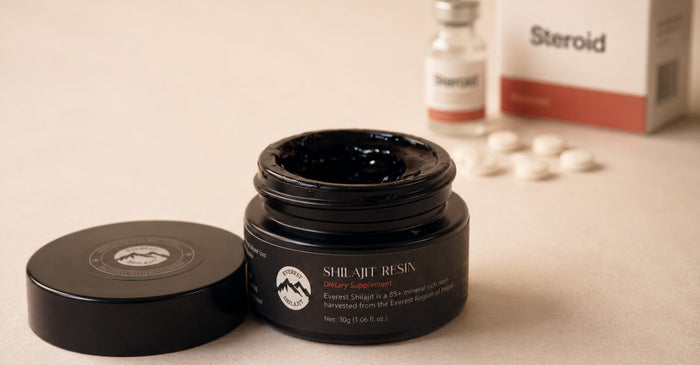 Is shilajit a steroid comparison image showing Everest Shilajit resin jar with a blurred steroid vial in the background