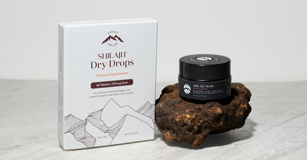 Shilajit tablets vs resin featured image showing dry drops box and resin jar together.