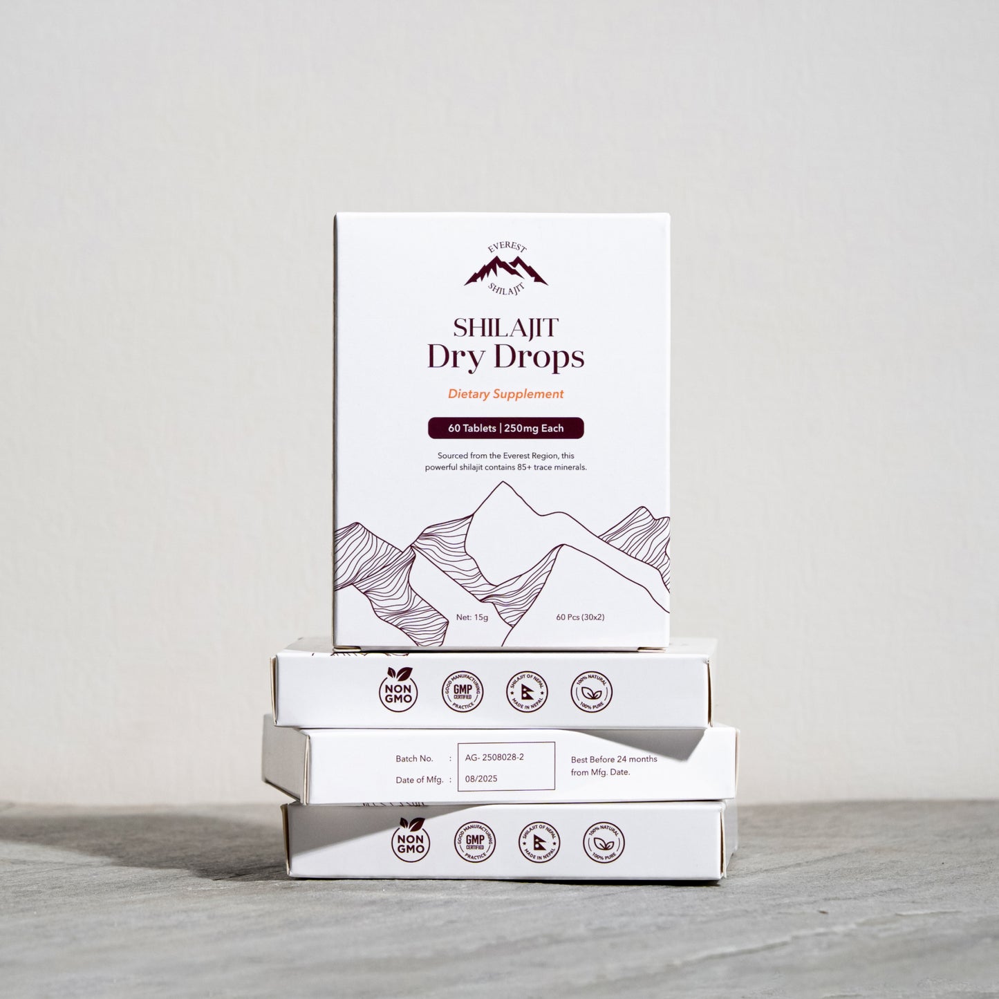 Everest Origin shilajit tablet packaging stack with 60 tablets, 250mg each, and Nepal made quality icons