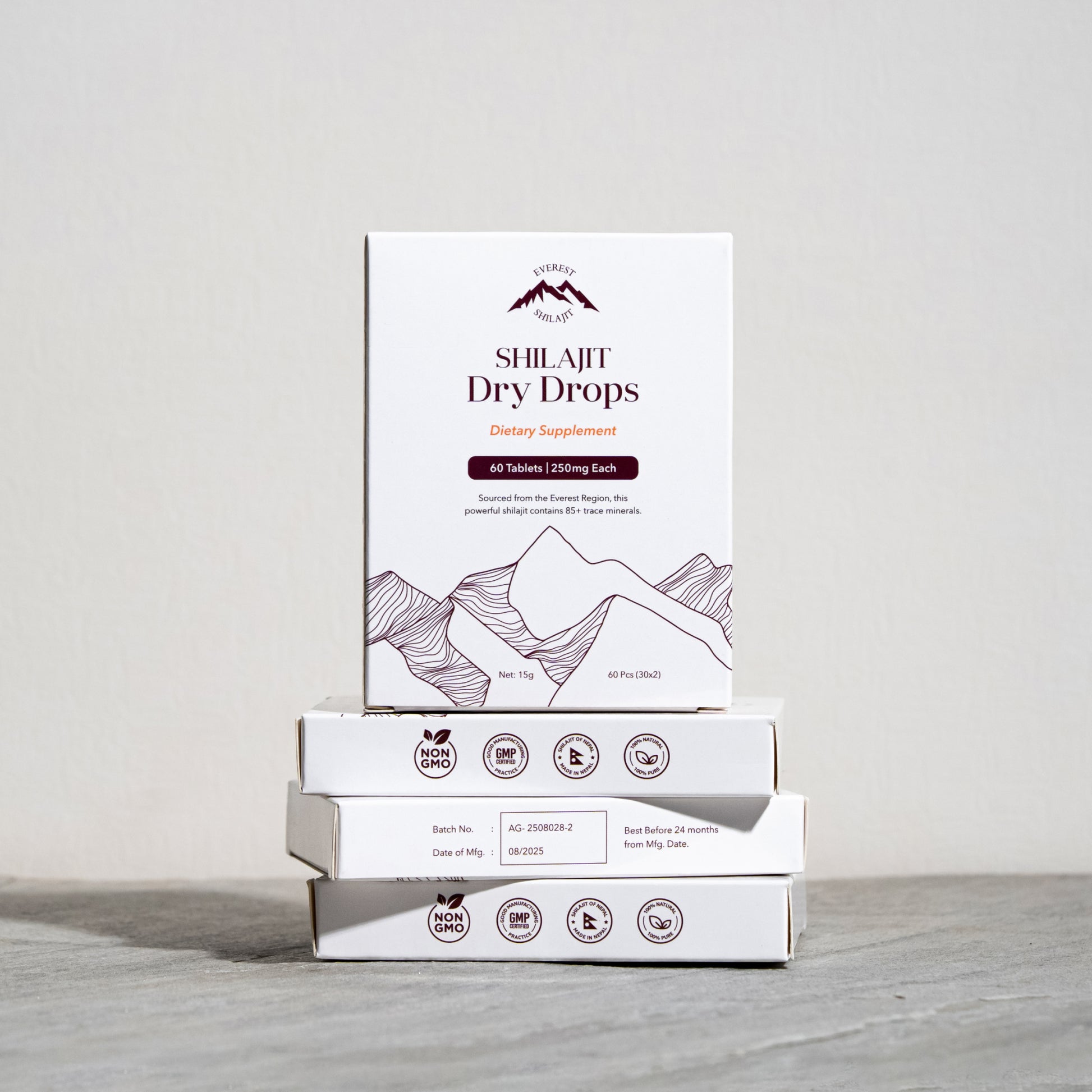 Everest Origin shilajit tablet packaging stack with 60 tablets, 250mg each, and Nepal made quality icons