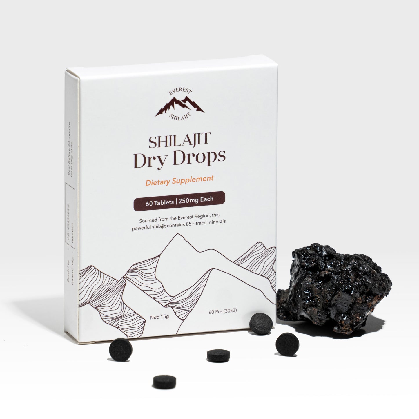 Everest Shilajit Extract Dry Drops tablets with product box and black tablets.