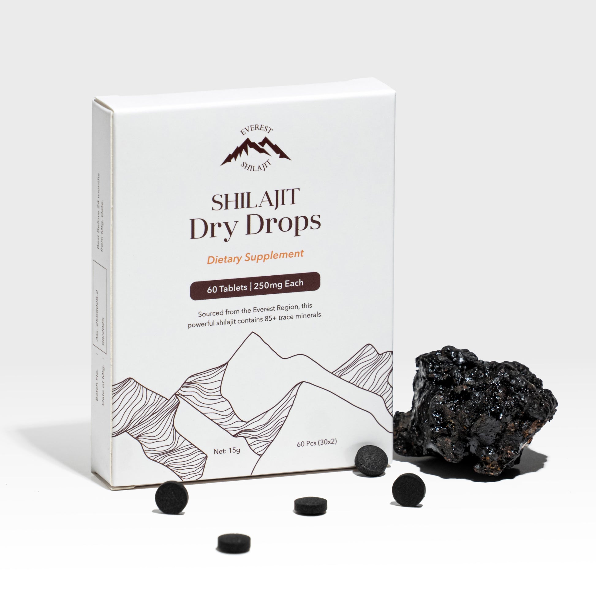Everest Shilajit Extract Dry Drops tablets with product box and black tablets.