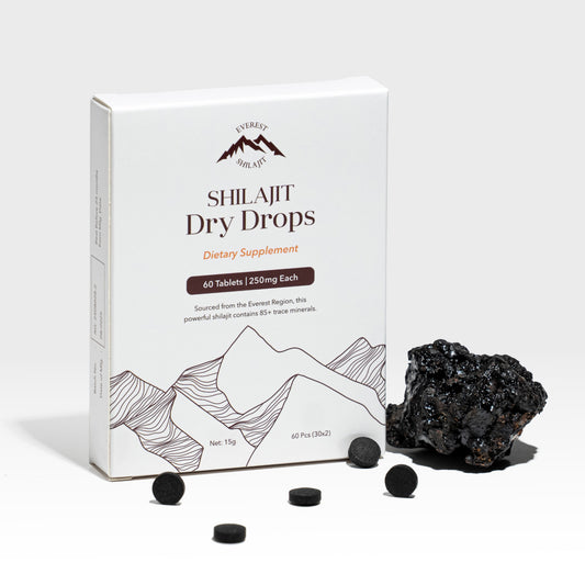 Everest Shilajit Extract Dry Drops tablets with product box and black tablets.