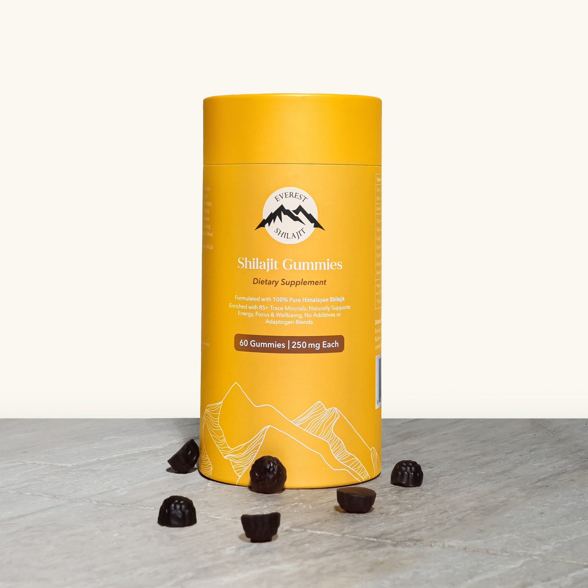 Everest Shilajit Gummies bottle with pure Himalayan shilajit gummies in a clean premium lifestyle setup