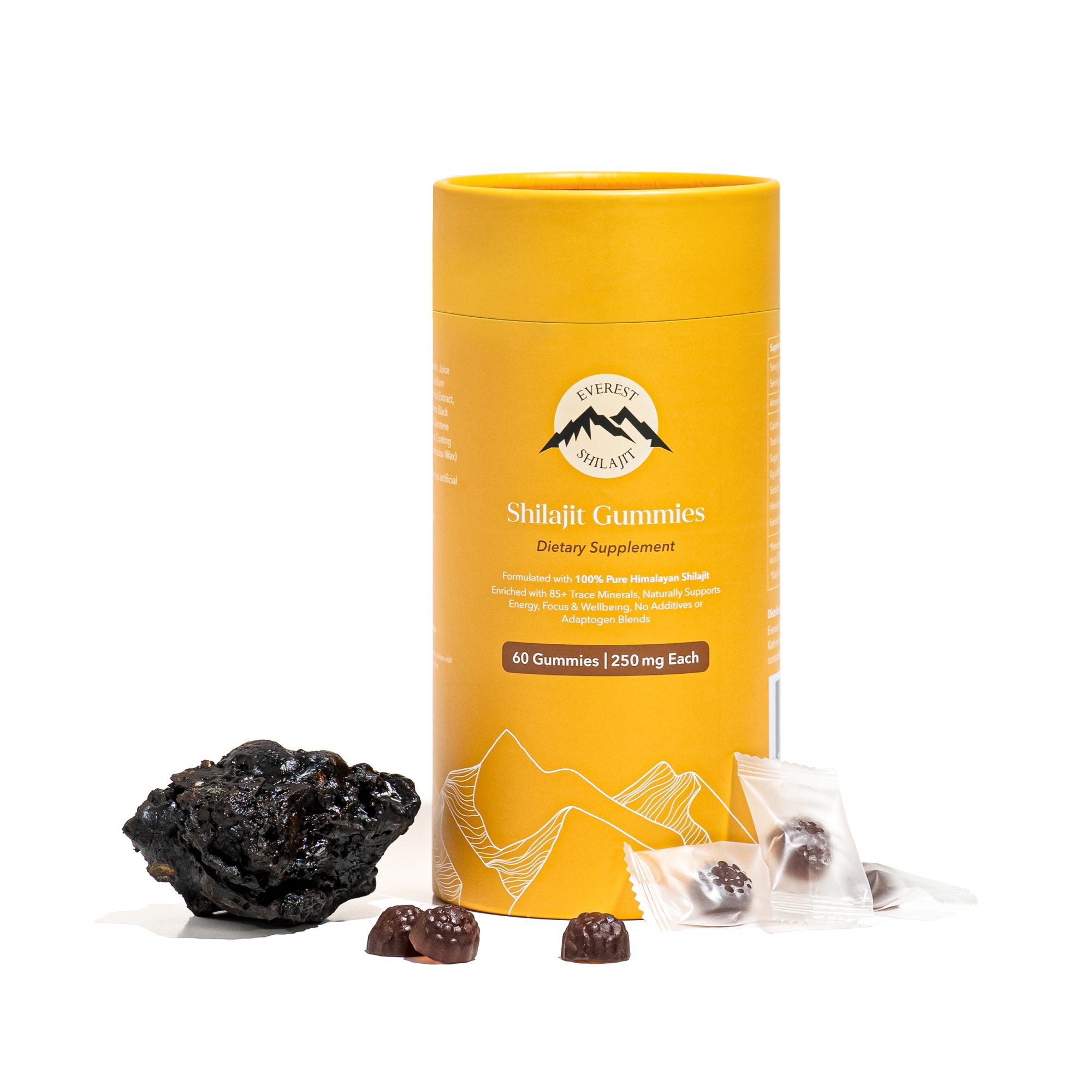 Everest Shilajit Gummies bottle with gummies, wrapped pieces, and raw shilajit on white background
