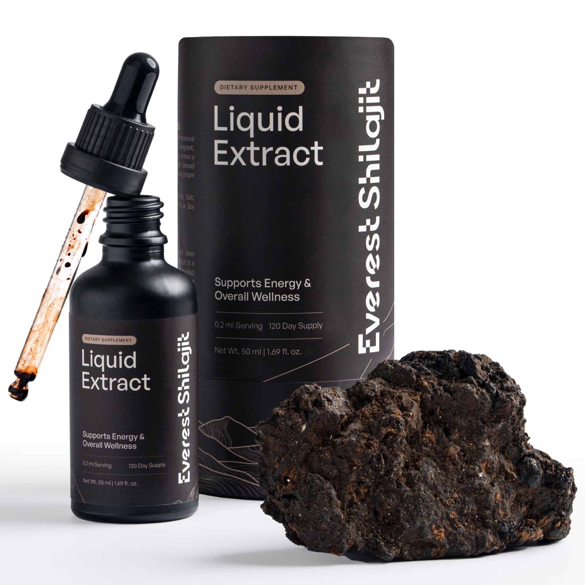 Everest Shilajit liquid drops in a 50 mL bottle with dropper, packaging, and raw shilajit.
