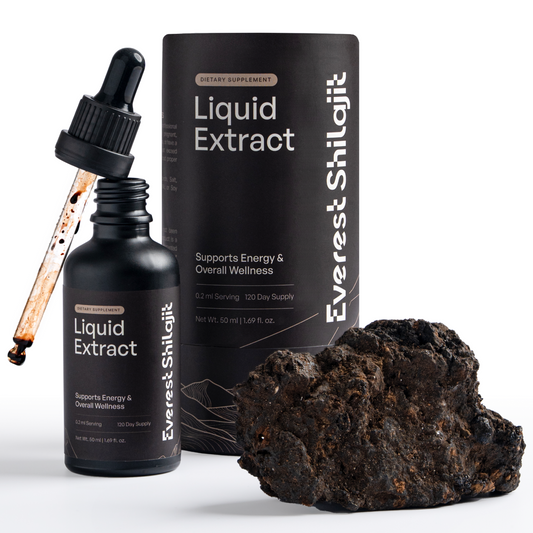 Everest Shilajit liquid drops in a 50 mL bottle with dropper, packaging, and raw shilajit.