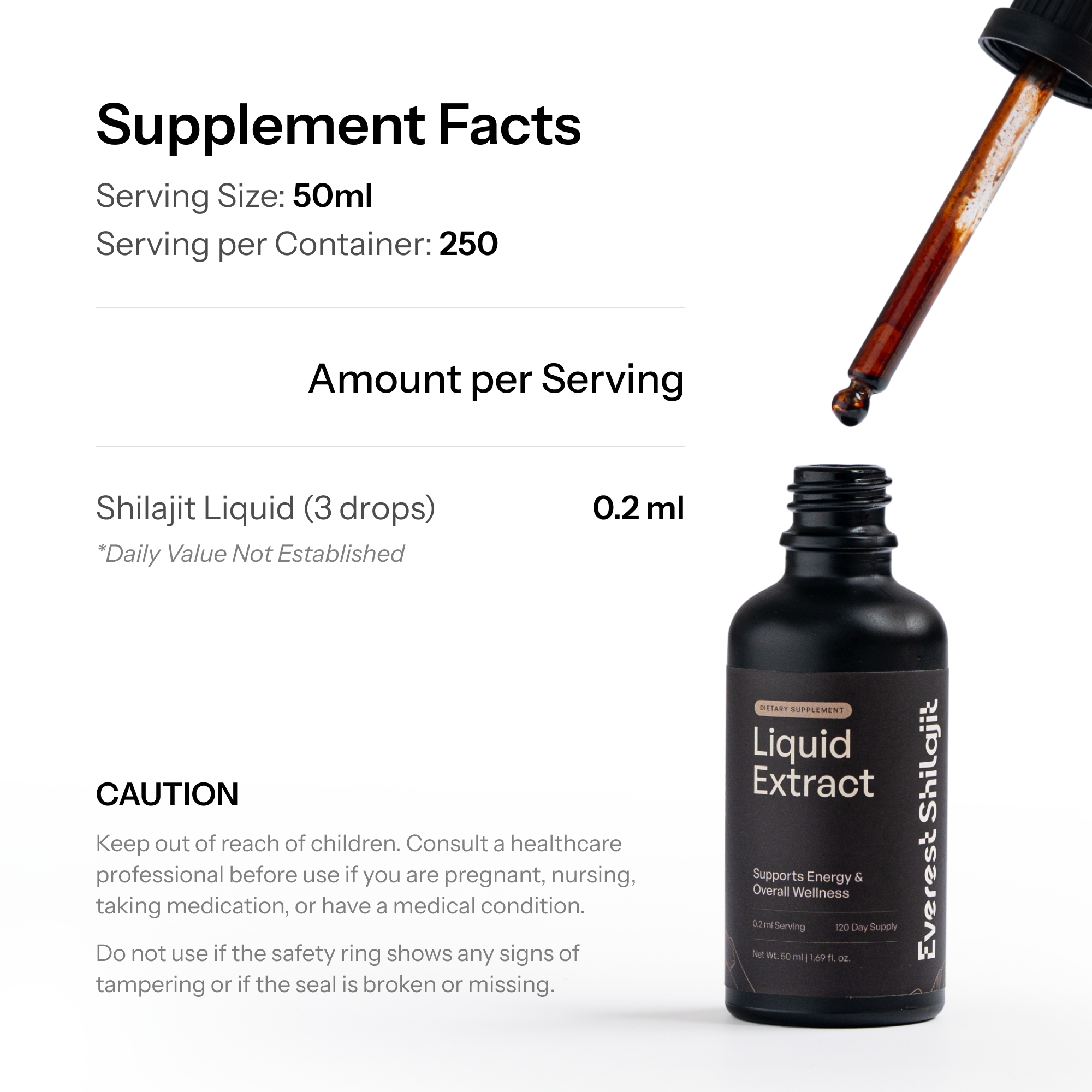 Everest Shilajit liquid drops bottle and dropper beside the supplement facts and caution information.