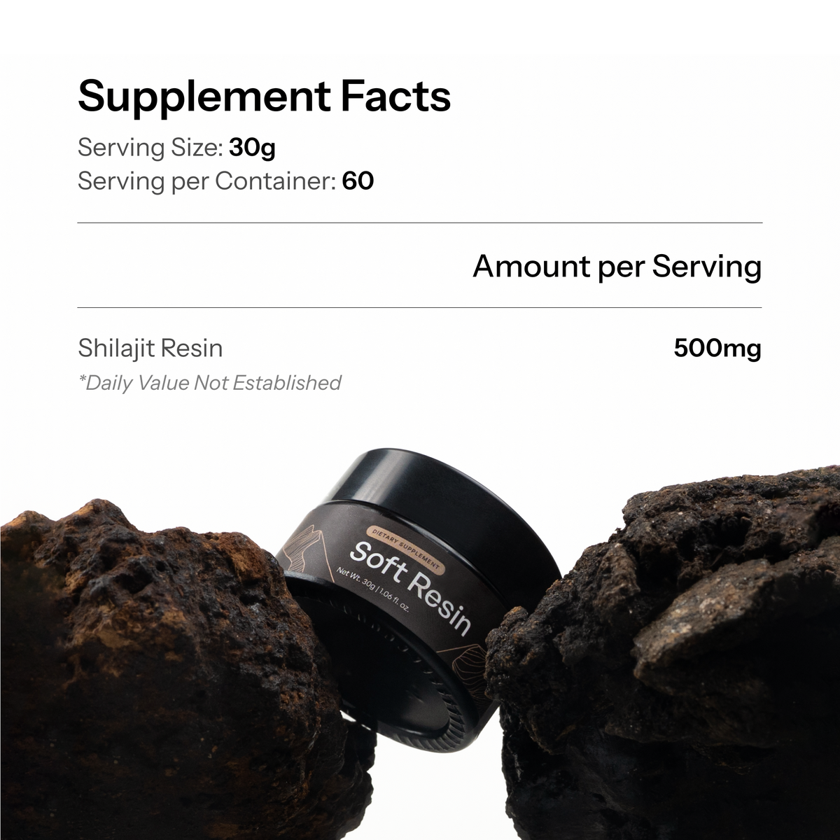Everest Shilajit resin jar between rocks beneath a supplement facts panel showing 500 mg per serving.