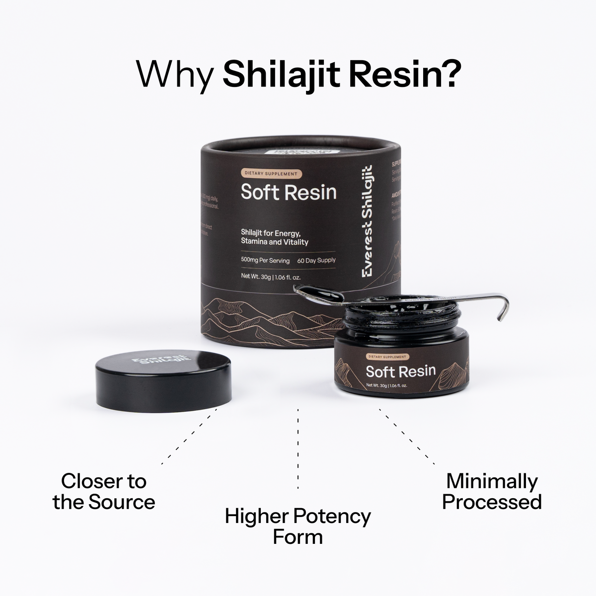 Open Himalayan shilajit soft resin jar with a serving spoon, packaging, and product highlights.
