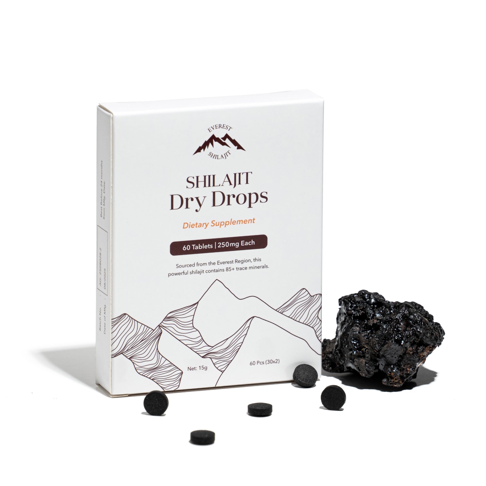 Himalayan shilajit tablets dry drops set with raw shilajit, black tablets, and premium product box