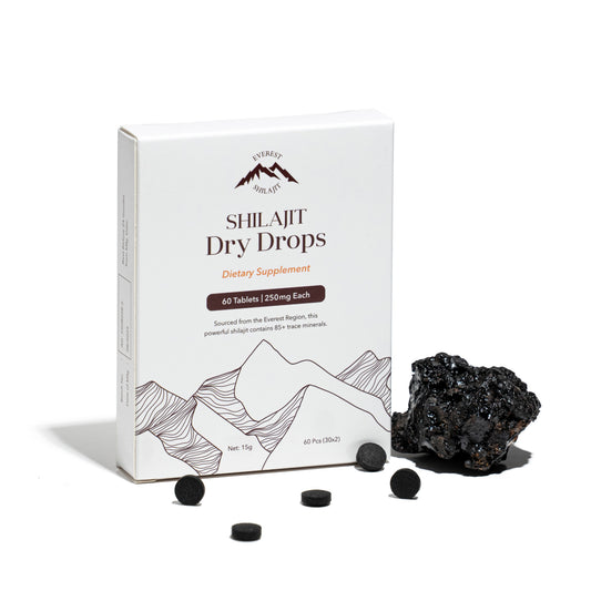 Himalayan shilajit tablets dry drops set with raw shilajit, black tablets, and premium product box
