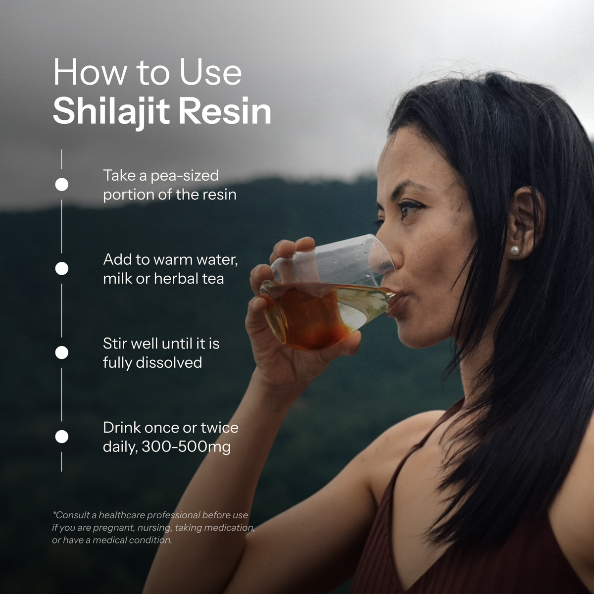 How to use Nepal shilajit resin: dissolve a portion in a warm drink and stir before drinking.