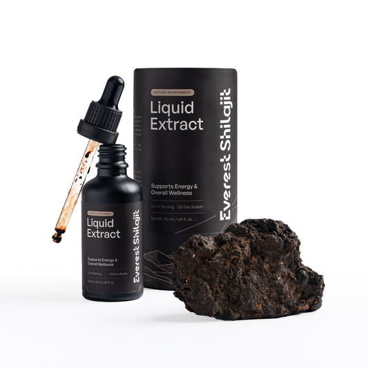 Everest Shilajit liquid drops in a 50 mL bottle with dropper, packaging, and raw shilajit.