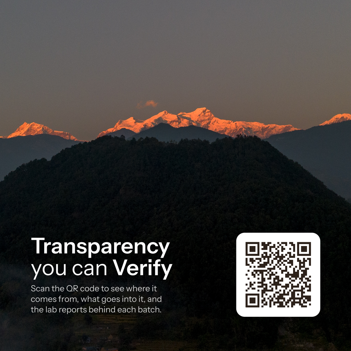 Himalayan mountain peaks above a QR code for Everest Shilajit batch origin and lab reports.