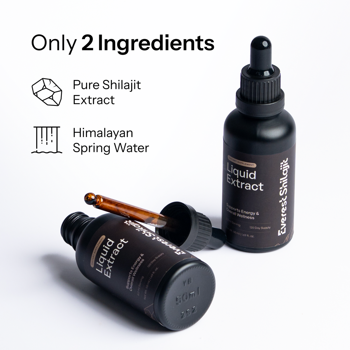 Pure shilajit liquid bottles beside a list of two ingredients: shilajit extract and Himalayan spring water