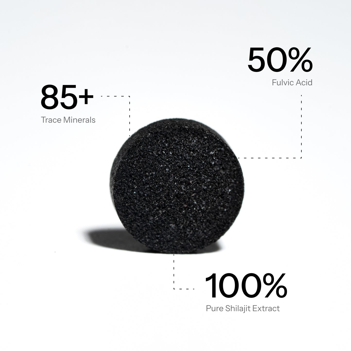 Pure shilajit tablet made with 100% pure shilajit extract, 50% fulvic acid, and 85+ trace minerals