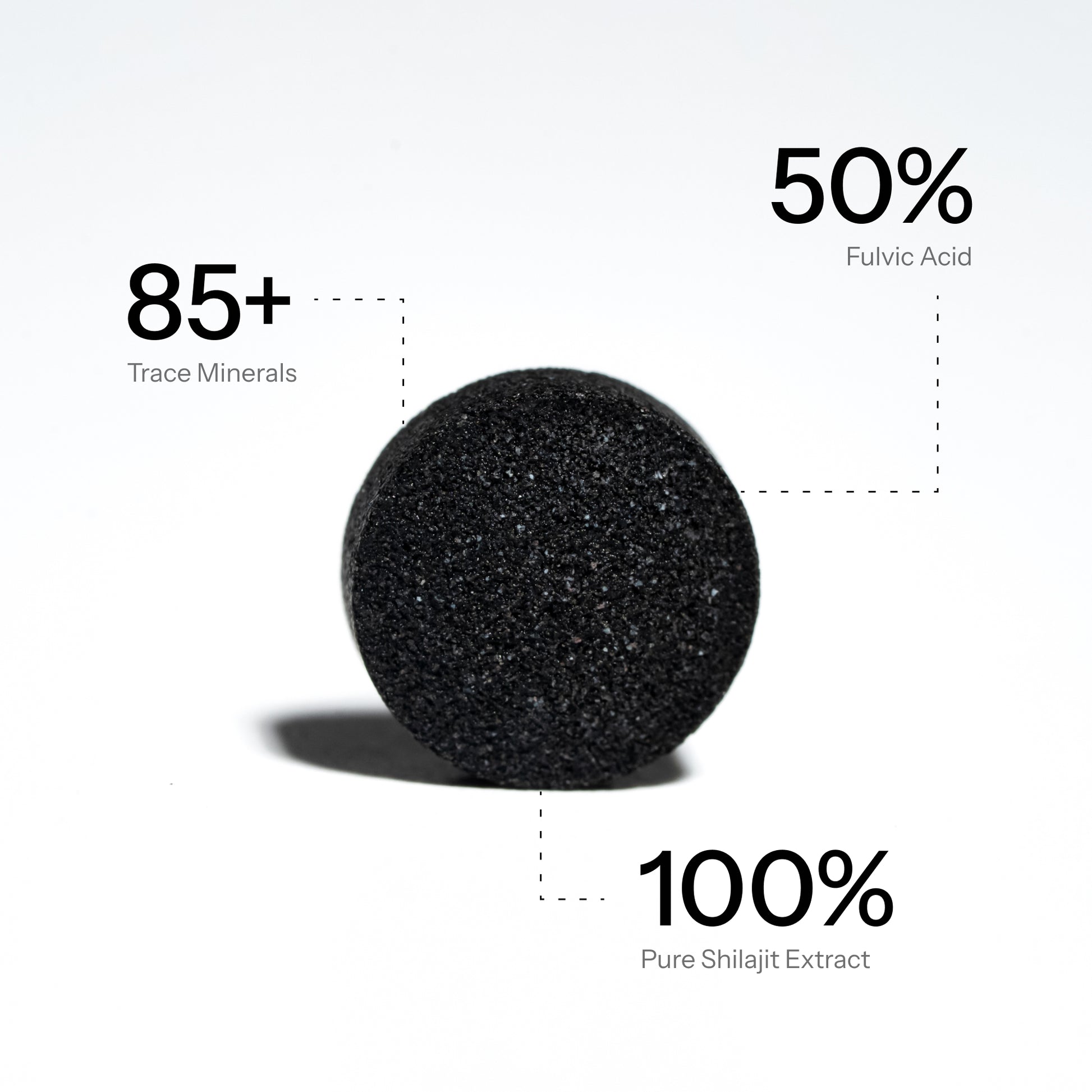 Pure shilajit tablet made with 100% pure shilajit extract, 50% fulvic acid, and 85+ trace minerals