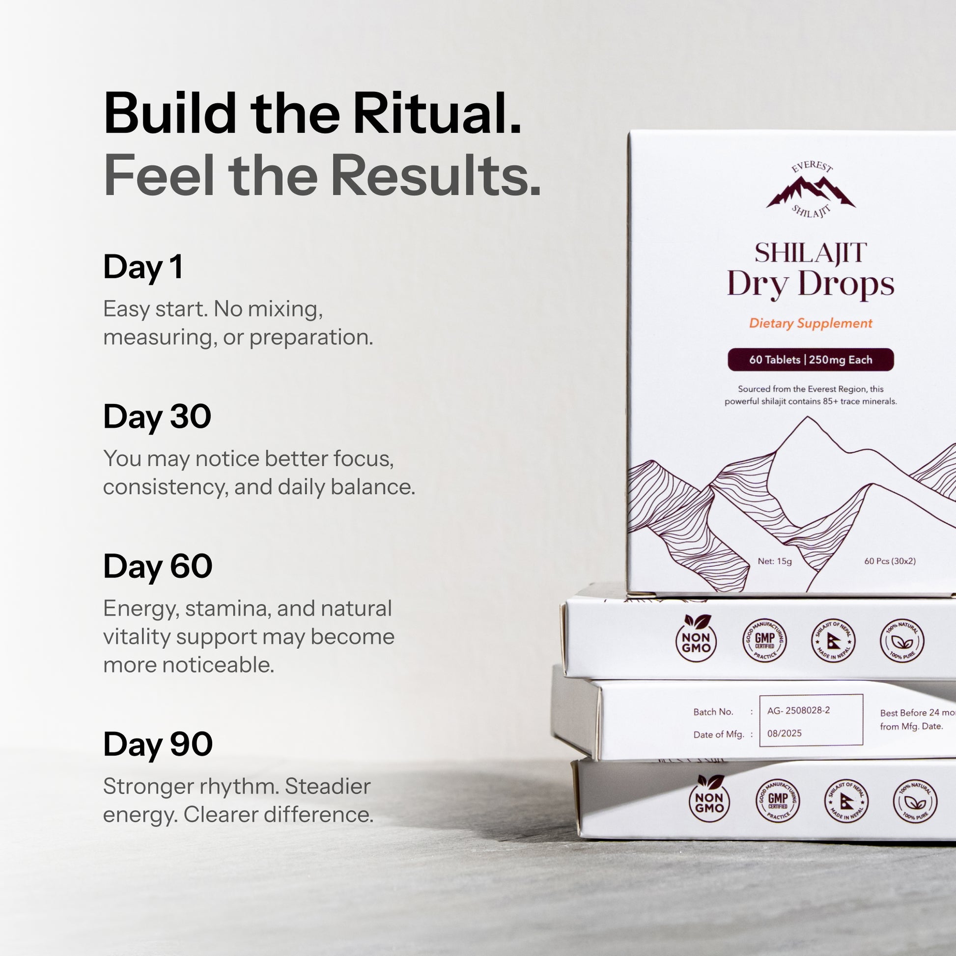 Purest shilajit dry drops with 90 day ritual timeline and Everest Shilajit tablet packaging