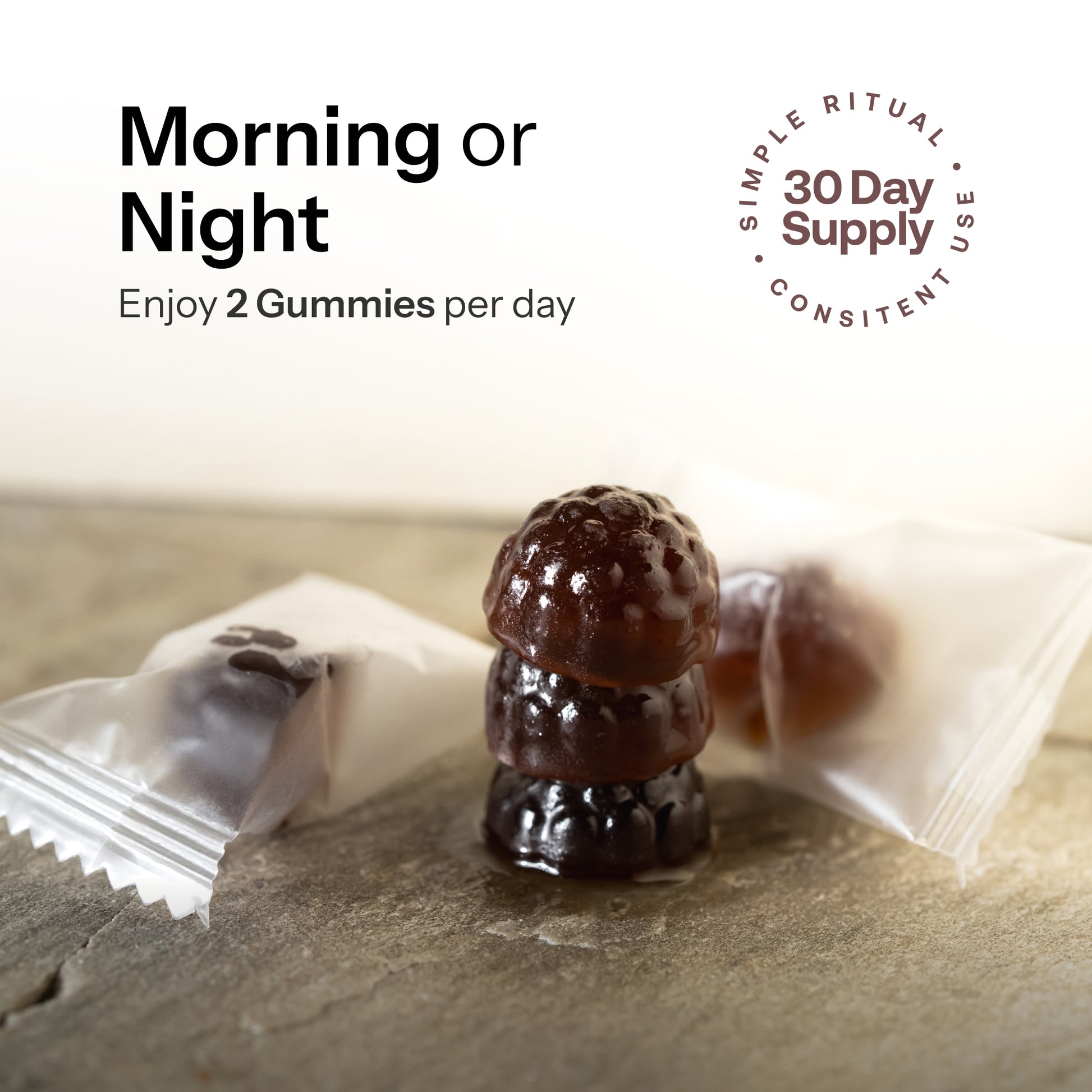 Shilajit gummies daily ritual showing 2 gummies per day, morning or night, with a 30 day supply