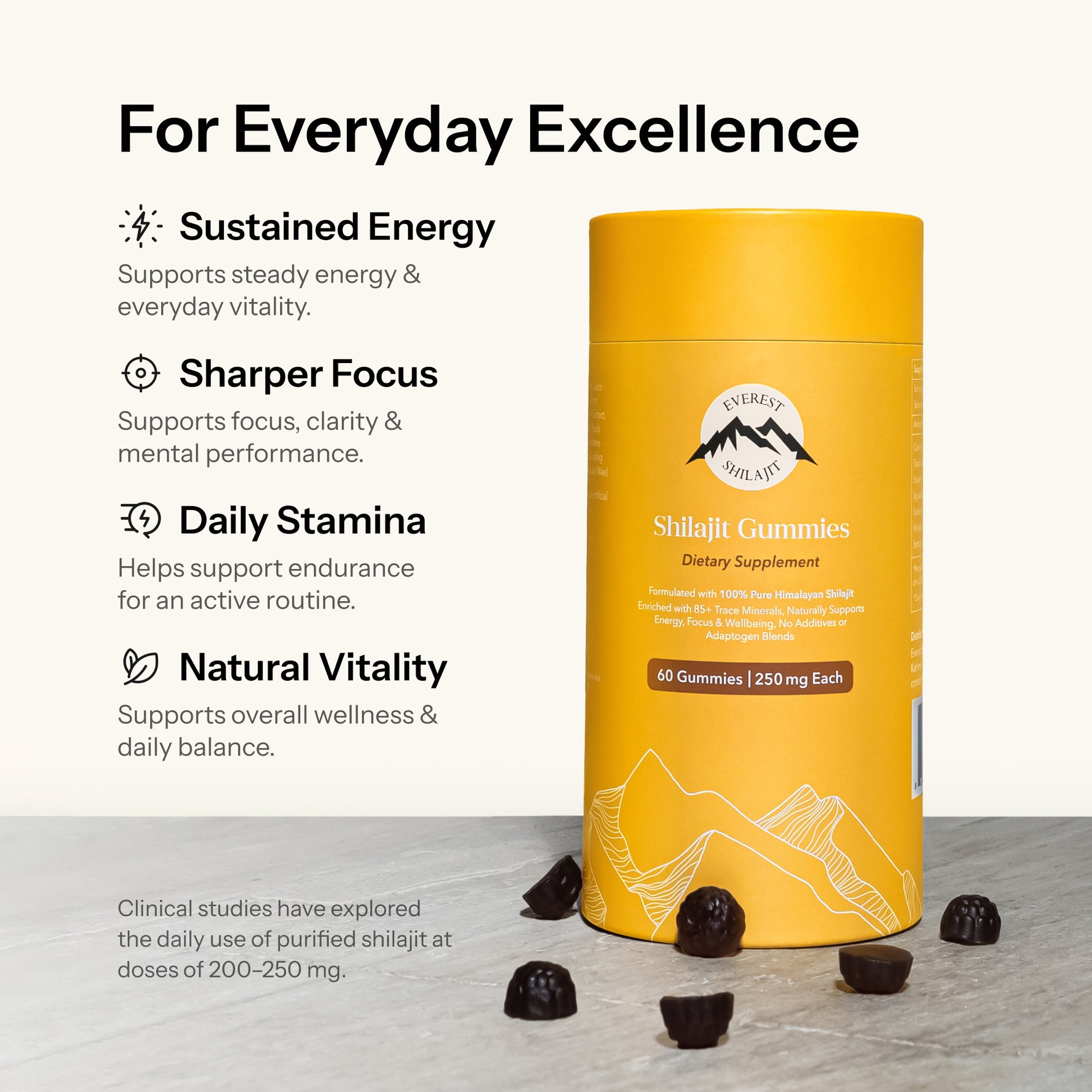 Shilajit gummies benefits image showing support for sustained energy, sharper focus, daily stamina, and vitality
