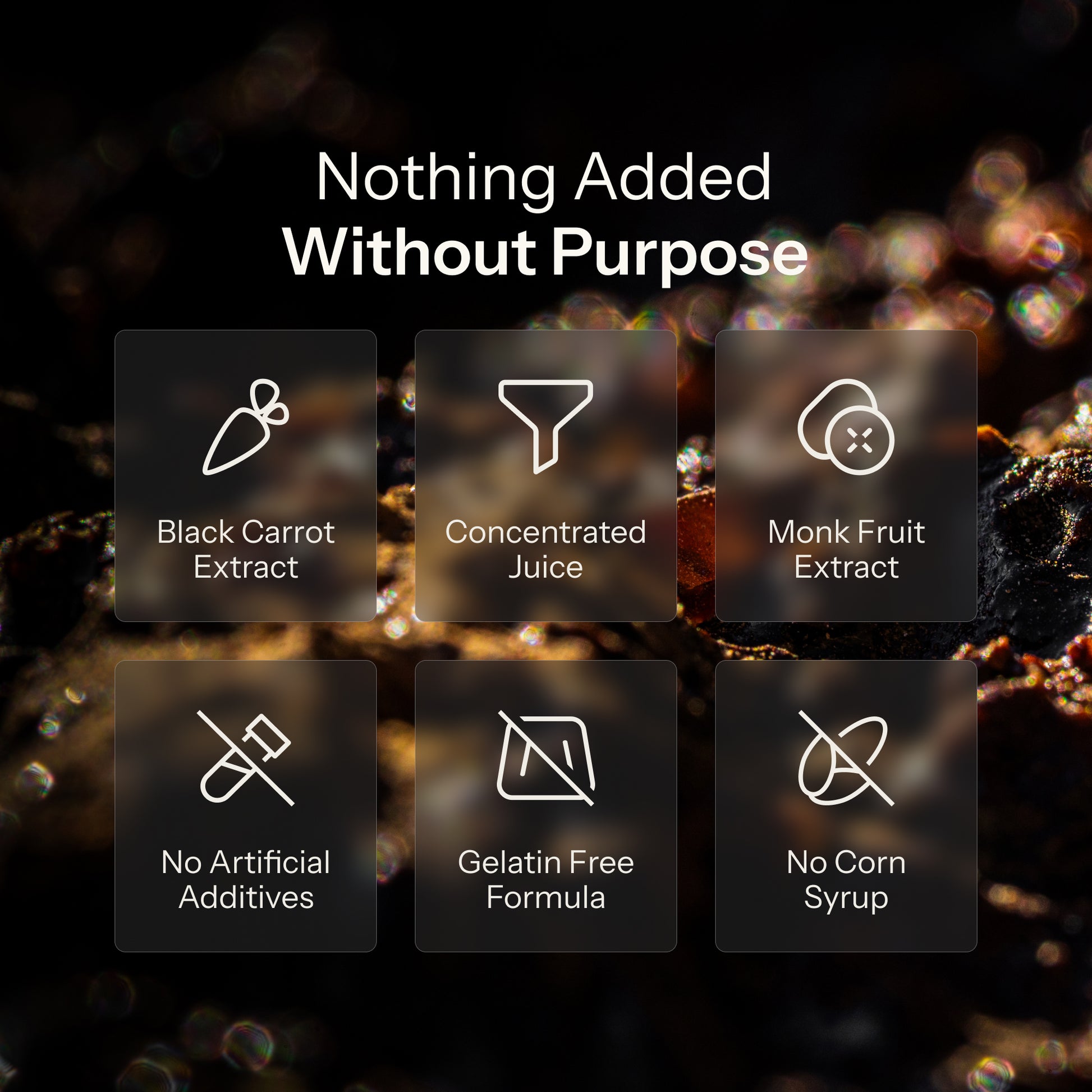 Shilajit gummies clean ingredients panel with black carrot, monk fruit, no artificial additives, no gelatin, and no corn syrup