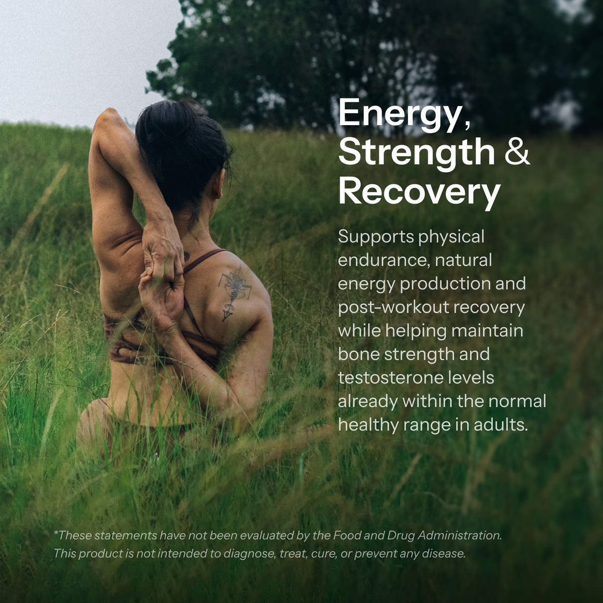 A woman stretching outdoors beside text about energy, strength, and recovery.
